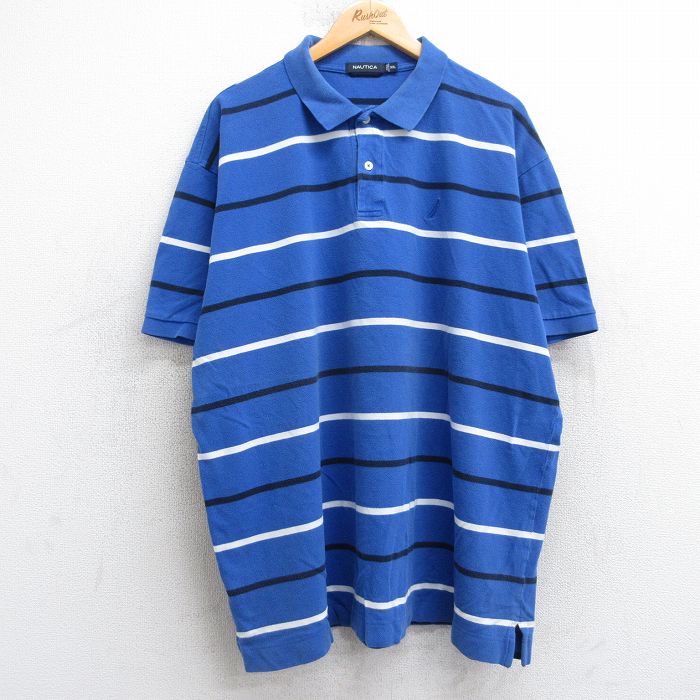 XL★古着 ノーティカ NAUTICA 半袖 ブランド ポロ シャツ メンズ ワンポイントロゴ 鹿の子 大きいサイズ コットン 青他 ブルー ボーダー 25aug05 中古 トップス
