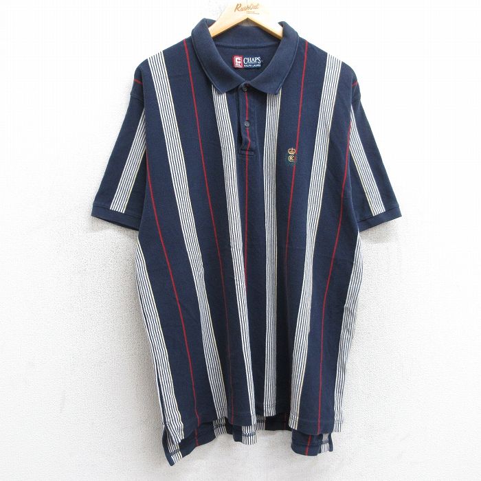 【50%OFF】XL★古着 ラルフローレン Ralph Lauren チャップス 半袖 ブランド ポロ シャツ メンズ 90年代 90s ワンポイントロゴ 鹿の子 大きいサイズ 紺他 ネイビー ストライプ 【spe】 25aug05 中古 トップス