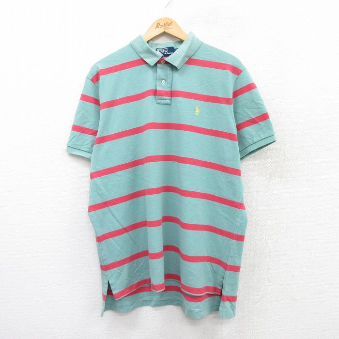 XL★古着 ラルフローレン Ralph Lauren 半袖 ブランド ポロ シャツ メンズ 90年代 90s ワンポイントロゴ 鹿の子 コットン 薄緑系他 グリーン ボーダー 25aug05 中古 トップス