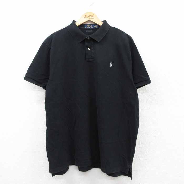XL★古着 ラルフローレン Ralph Lauren 半袖 ブランド ポロ シャツ メンズ ワンポイントロゴ 鹿の子 大きいサイズ コットン 黒 ブラック 25aug05 中古 トップス