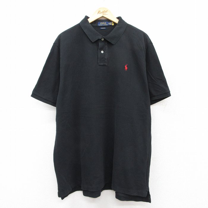 XL★古着 ラルフローレン Ralph Lauren 半袖 ブランド ポロ シャツ メンズ ワンポイントロゴ 鹿の子 大きいサイズ ロング丈 コットン 黒 ブラック 25aug05 中古 トップス