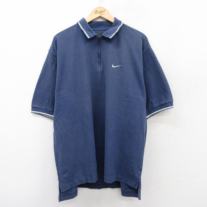 XL★古着 ナイキ NIKE 半袖 ハーフジップ ブランド ポロ シャツ メンズ ワンポイントロゴ ゴルフ 鹿の子 大きいサイズ コットン 紺 ネイビー 25aug05 中古 トップス