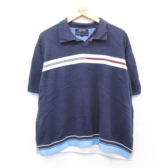 XL★古着 トミーヒルフィガー TOMMY HILFIGER 半袖 ブランド ポロ シャツ メンズ 大きいサイズ コットン 開襟 オープンカラー 紺他 ネイビー 25aug05 中古 トップス