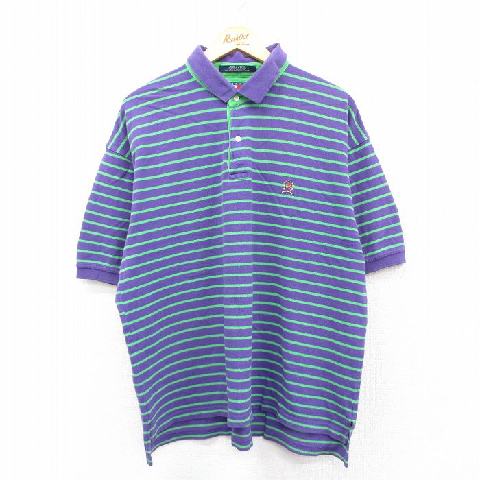 XL★古着 トミーヒルフィガー TOMMY HILFIGER 半袖 ブランド ポロ シャツ メンズ 90年代 90s ワンポイントロゴ 鹿の子 大きいサイズ コットン 紫他 パープル ボーダー 25aug05 中古 トップス