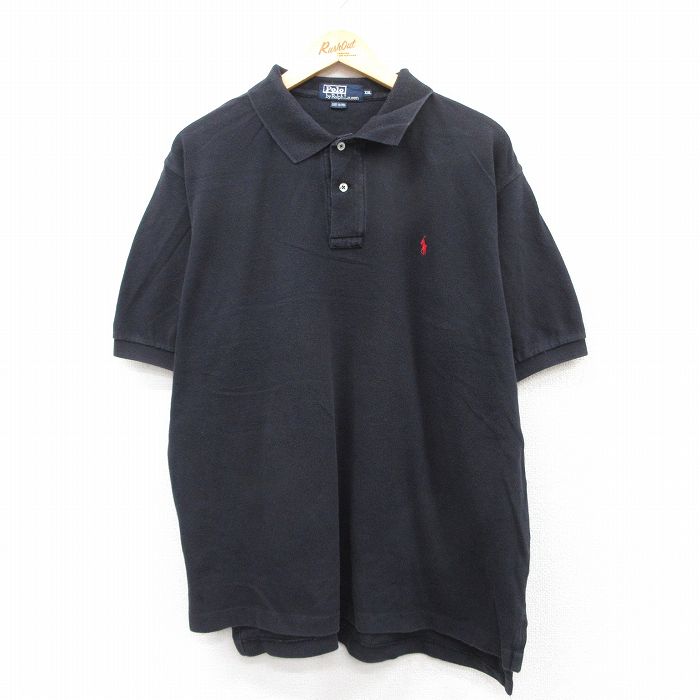 XL★古着 ラルフローレン Ralph Lauren 半袖 ブランド ポロ シャツ メンズ 90年代 90s ワンポイントロゴ 鹿の子 大きいサイズ コットン 黒 ブラック 25aug05 中古 トップス