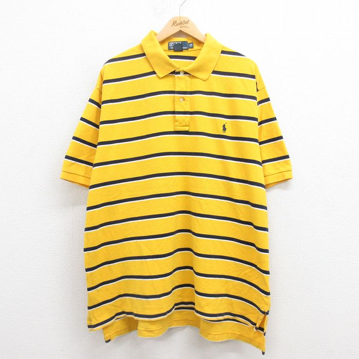 【50%OFF】XL★古着 ラルフローレン Ralph Lauren 半袖 ブランド ポロ シャツ メンズ 90年代 90s ワンポイントロゴ 鹿の子 大きいサイズ コットン 黄 イエロー ボーダー 25aug09 中古 トップス