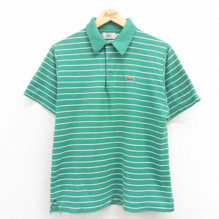 【20%OFF】L★古着 ラコステ LACOSTE IZOD 半袖 ブランド ポロ シャツ メンズ 90年代 90s ワンポイントロゴ 緑 グリーン ボーダー 25aug09 中古 トップス
