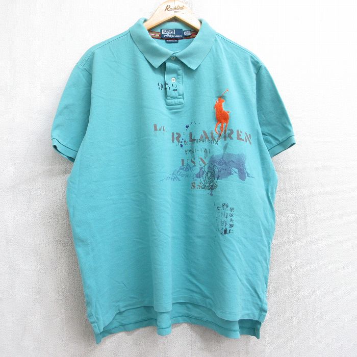 XL★古着 ラルフローレン Ralph Lauren 半袖 ブランド ポロ シャツ メンズ ビッグポニー 大仏 鹿の子 大きいサイズ コットン 水色 25aug23 中古 トップス