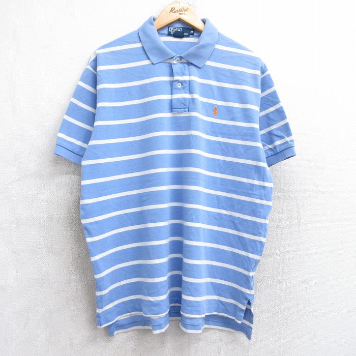 XL★古着 ラルフローレン Ralph Lauren 半袖 ブランド ポロ シャツ メンズ 90年代 90s ワンポイントロゴ 鹿の子 大きいサイズ コットン 薄紺他 ネイビー ボーダー 25aug23 中古 トップス