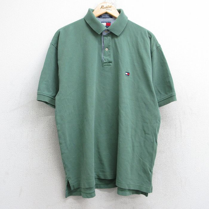 XL★古着 トミーヒルフィガー TOMMY HILFIGER 半袖 ブランド ポロ シャツ メンズ 90年代 90s ワンポイントロゴ 鹿の子 コットン 緑 グリーン 25aug23 中古 トップス
