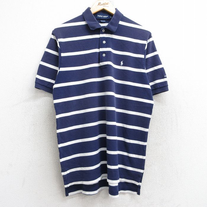 XL★古着 ラルフローレン Ralph Lauren ポロゴルフ 半袖 ブランド ポロ シャツ メンズ 90年代 90s ワンポイントロゴ 鹿の子 コットン 紺他 ネイビー ボーダー 25aug25 中古 トップス