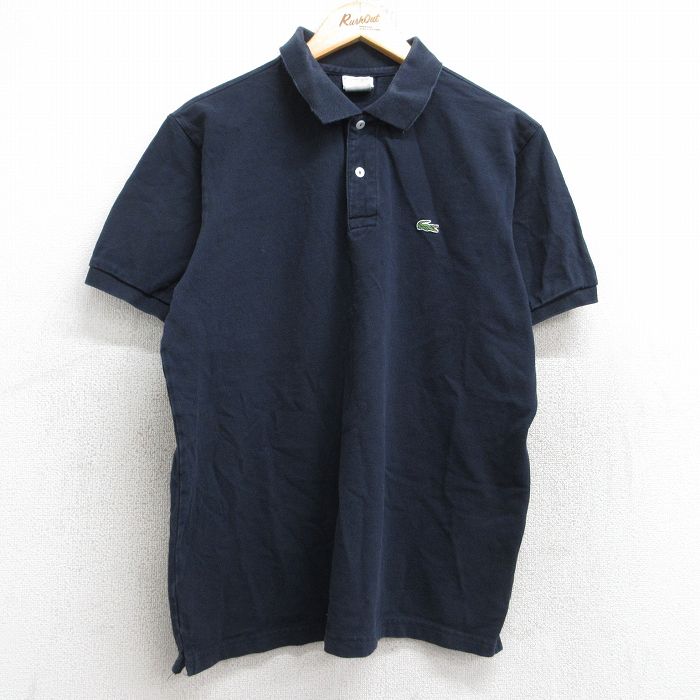 XL★古着 ラコステ LACOSTE 半袖 ブランド ポロ シャツ メンズ ワンポイントロゴ 鹿の子 コットン 濃紺 ネイビー 25aug25 中古 トップス