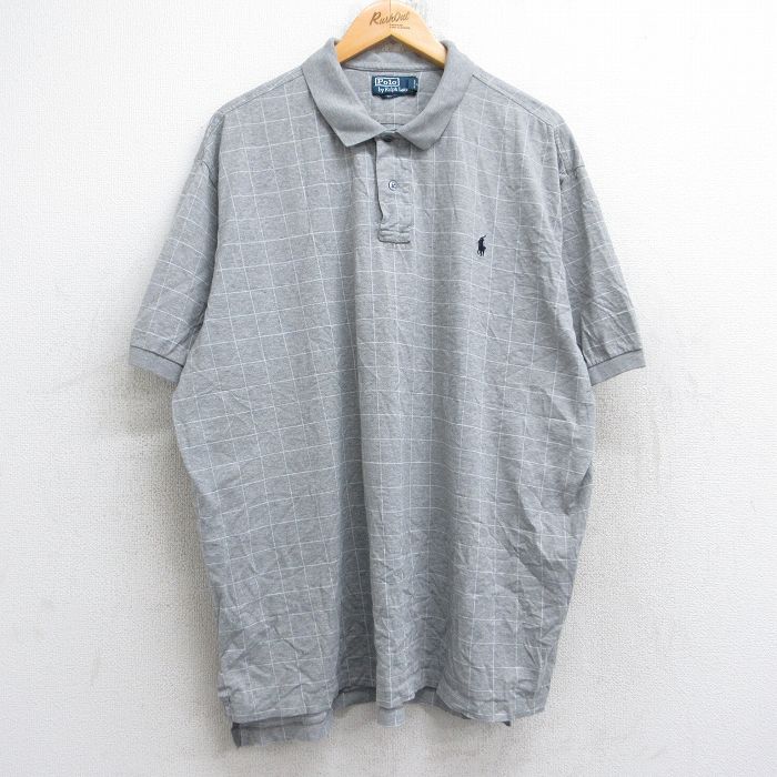 XL★古着 ラルフローレン Ralph Lauren 半袖 ブランド ポロ シャツ メンズ 90年代 90s ワンポイントロゴ 大きいサイズ ロング丈 コットン グレー 霜降り他 チェック 【spe】 25aug25 中古 トップス