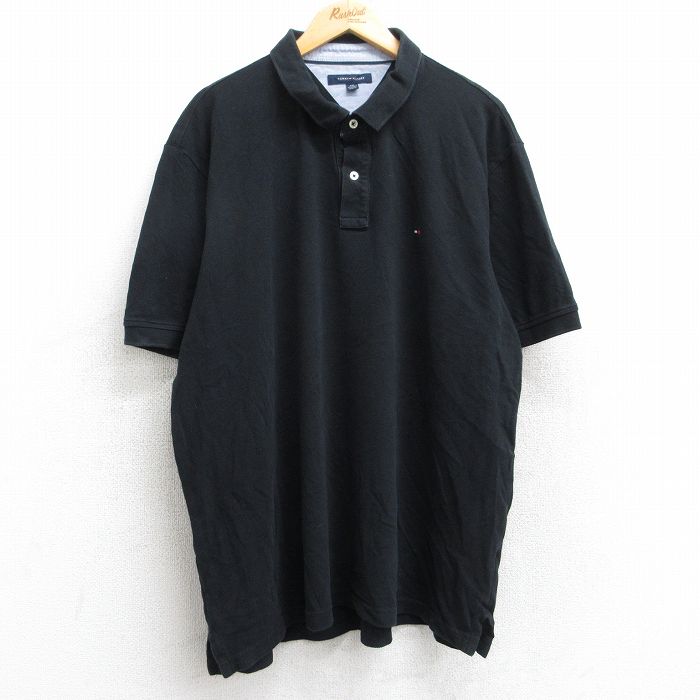 【50%OFF】XL★古着 トミーヒルフィガー TOMMY HILFIGER 半袖 ブランド ポロ シャツ メンズ ワンポイントロゴ 鹿の子 大きいサイズ コットン 黒 ブラック 25aug25 中古 トップス