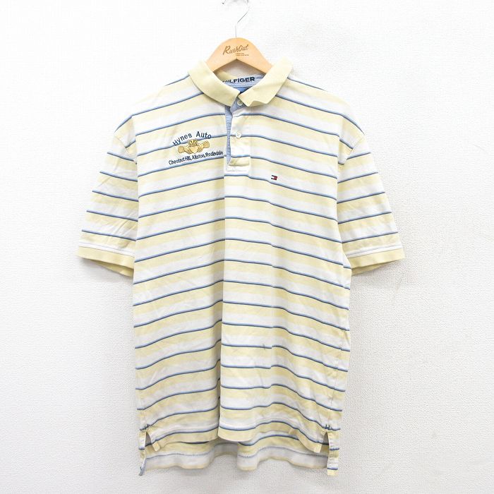 【20%OFF】XL★古着 トミーヒルフィガー TOMMY HILFIGER 半袖 ブランド ポロ シャツ メンズ Hynes Auto 大きいサイズ コットン 薄黄他 イエロー ボーダー 25aug25 中古 トップス