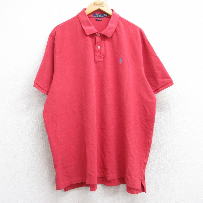 【20%OFF】XL★古着 ラルフローレン Ralph Lauren 半袖 ブランド ポロ シャツ メンズ ワンポイントロゴ 鹿の子 大きいサイズ ロング丈 コットン 赤 レッド 25aug26 中古 トップス