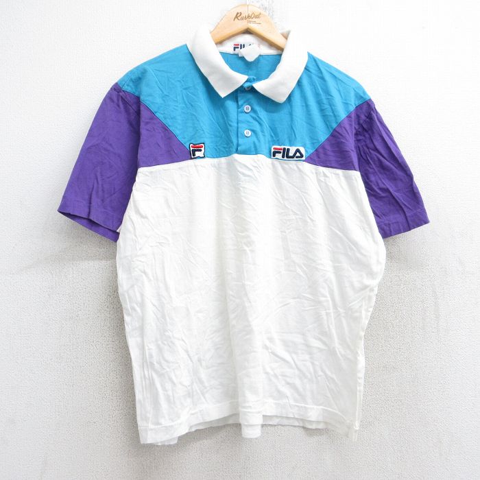【20%OFF】L★古着 フィラ FILA 半袖 ブランド ポロ シャツ メンズ 90年代 90s ワンポイントロゴ マルチカラー 白他 ホワイト 25aug26 中古 トップス