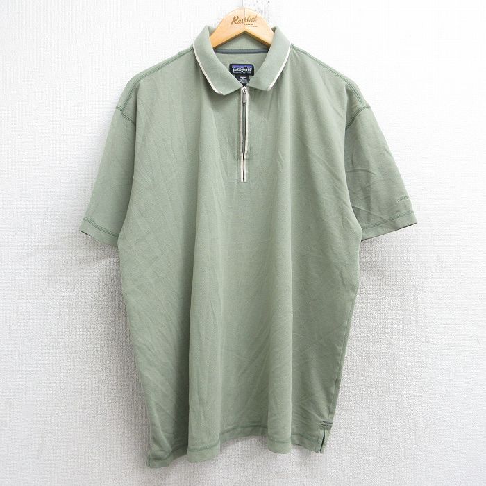 XL★古着 パタゴニア patagonia 半袖 ブランド ハーフジップ ポロ シャツ メンズ 鹿の子 大きいサイズ 薄緑 グリーン 25aug26 中古 トップス