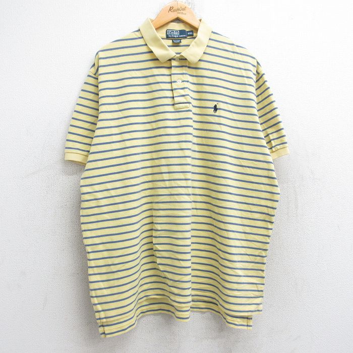 【50%OFF】XL★古着 ラルフローレン Ralph Lauren 半袖 ブランド ポロ シャツ メンズ 90年代 90s ワンポイントロゴ 鹿の子 大きいサイズ コットン 黄 イエロー ボーダー 【spe】 25aug26 中古 トップス