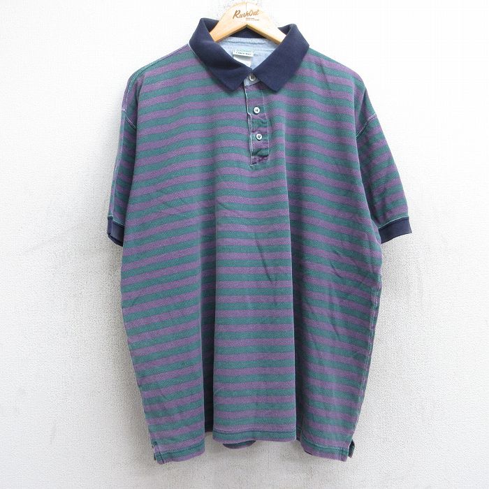 XL★古着 エルエルビーン LLBEAN 半袖 ブランド ポロ シャツ メンズ 90年代 90s 鹿の子 大きいサイズ 紫他 パープル ボーダー 25sep03 中古 トップス