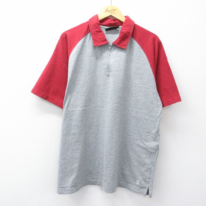 XL★古着 ティンバーランド 半袖 ブランド ハーフジップ ポロ シャツ メンズ 00年代 00s ワンポイントロゴ ラグラン ツートンカラー 大きいサイズ コットン グレー 霜降り他 26apr10