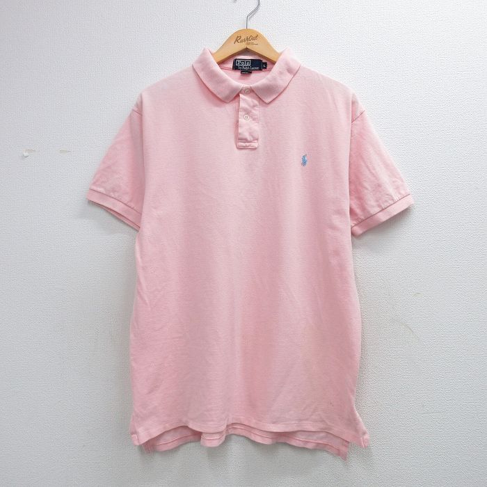 XL★古着 ラルフローレン 半袖 ブランド ポロ シャツ メンズ 90年代 90s ワンポイントロゴ 鹿の子 大きいサイズ コットン USA製 薄ピンク 26apr13