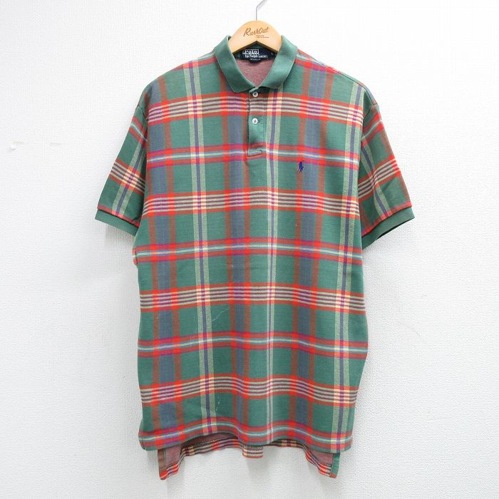 XL★古着 ラルフローレン 半袖 ブランド ポロ シャツ メンズ 90年代 90s ワンポイントロゴ コットン USA製 グリーン他 チェック【spe】 26may13