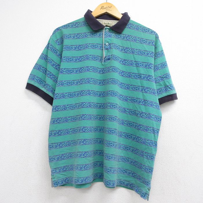 XL★古着 エルエルビーン 半袖 ブランド ポロ シャツ メンズ 80年代 80s 鹿の子 コットン グリーン ボーダー 26jun04