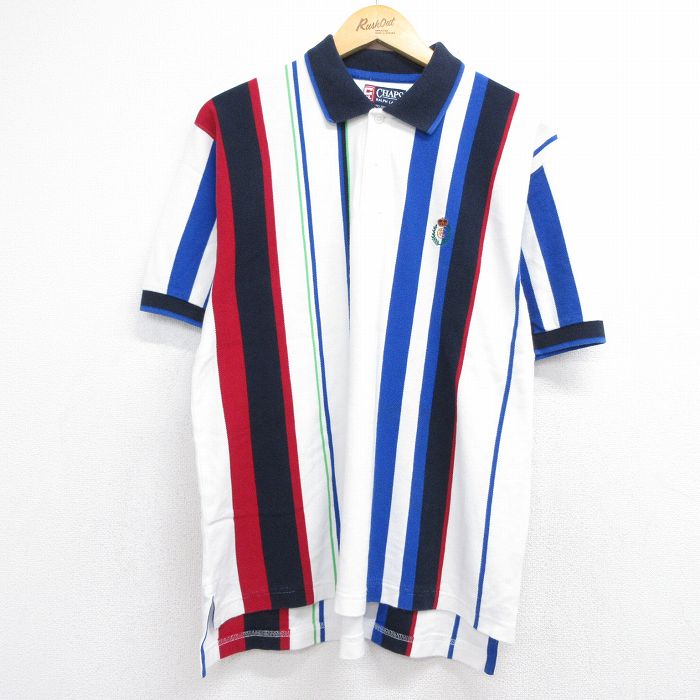 L★古着 ラルフローレン チャップス 半袖 ブランド ポロ シャツ メンズ 90年代 90s ワンポイントロゴ 鹿の子 コットン ホワイト ストライプ【spe】 26jun04