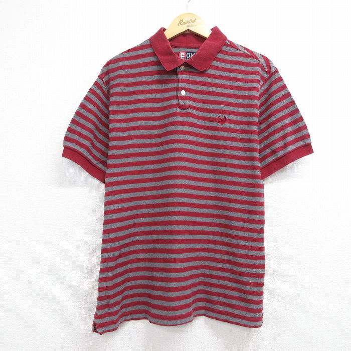 XL★古着 ラルフローレン チャップス 半袖 ブランド ポロ シャツ メンズ 90年代 90s ワンポイントロゴ ヘリンボーン コットン バーガンディ ボーダー 26jun04