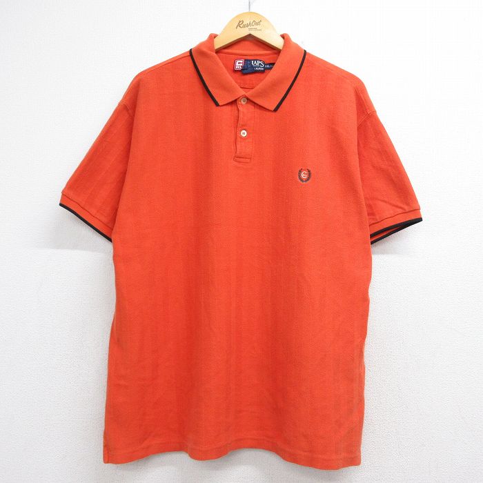 XL★古着 ラルフローレン チャップス 半袖 ブランド ポロ シャツ メンズ 90年代 90s ワンポイントロゴ ヘリンボーン 大きいサイズ コットン オレンジ 26jun04