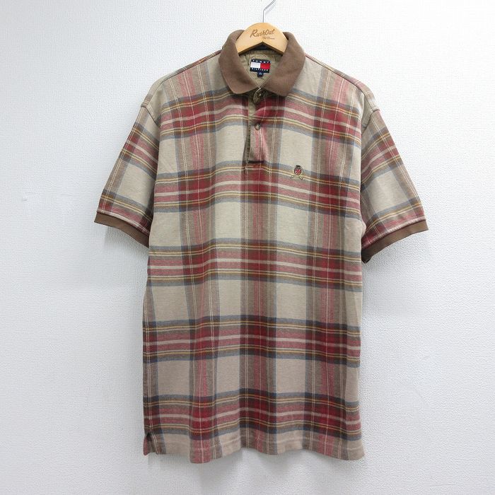 トミーヒルフィガー 90s 半袖ポロシャツ ワンポイントロゴ ブラウンチェック メンズL相当 | 古着