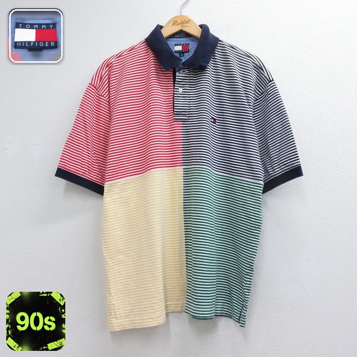 トミーヒルフィガー 90s 半袖ポロシャツ ワンポイントロゴ ネイビーボーダー メンズXL相当 | 古着