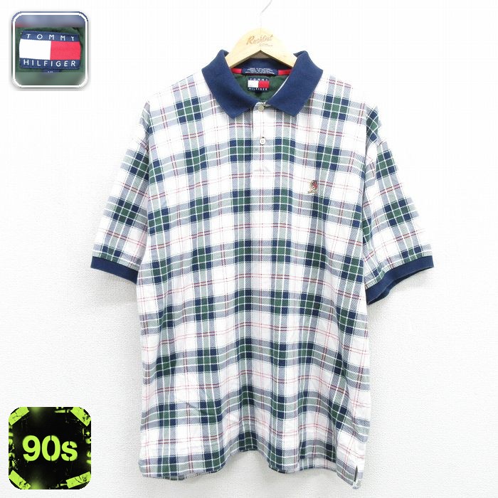 トミーヒルフィガー 90s 半袖ポロシャツ ワンポイントロゴ グリーンチェック メンズXL相当 | 古着