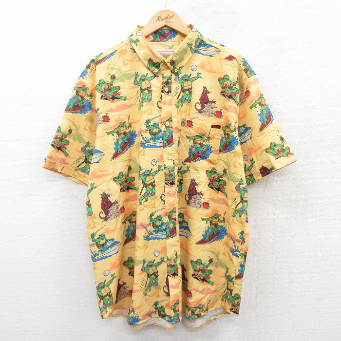 XL★古着 半袖 ハワイアン シャツ メンズ タートルズ ヤシの木 大きいサイズ ロング丈 黄他 イエロー 【spe】 25may21 中古 アロハ トップス