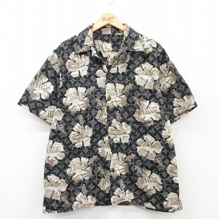 XL★古着 半袖 ハワイアン シャツ メンズ 90年代 90s ハイビスカス コットン 開襟 オープンカラー USA製 黒他 ブラック 25may21 中古 アロハ トップス