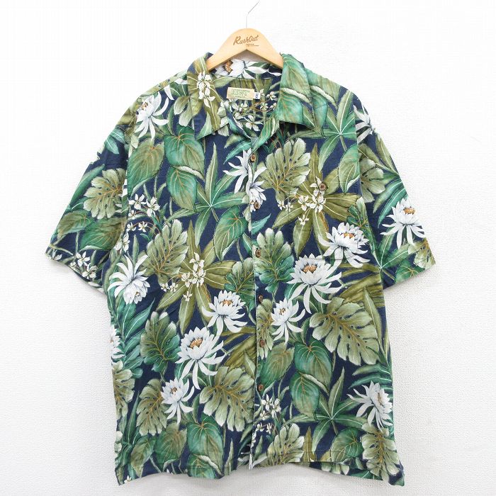 XL★古着 半袖 ハワイアン シャツ メンズ 花 大きいサイズ コットン 開襟 オープンカラー 緑他 グリーン 25may21 中古 アロハ トップス
