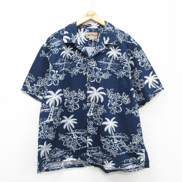 XL★古着 半袖 ハワイアン シャツ メンズ 90年代 90s ハイビスカス ヤシの木 大きいサイズ コットン 開襟 オープンカラー ハワイ製 紺他 ネイビー 25may21 中古 アロハ トップス