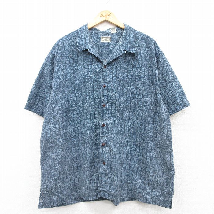 XL★古着 エルエルビーン LLBEAN 半袖 ハワイアン シャツ メンズ 00年代 00s 総柄 大きいサイズ コットン 開襟 オープンカラー 紺他 ネイビー 25may21 中古 アロハ トップス