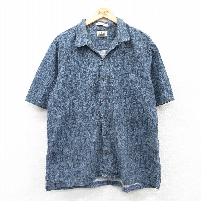XL★古着 エルエルビーン LLBEAN 半袖 ハワイアン シャツ メンズ 00年代 00s 総柄 コットン 開襟 オープンカラー 紺他 ネイビー 25may21 中古 アロハ トップス