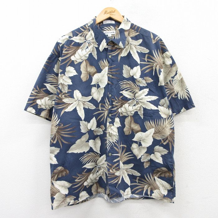 XL★古着 ピエールカルダン pierre cardin 半袖 ハワイアン シャツ メンズ 90年代 90s 葉 大きいサイズ コットン 紺他 ネイビー 25may21 中古 アロハ トップス