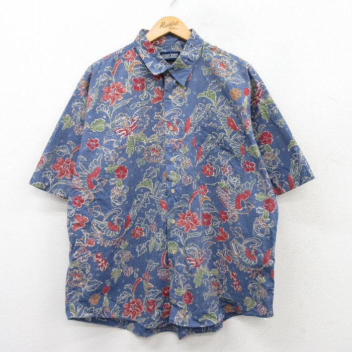 XL★古着 ランズエンド 半袖 ハワイアン シャツ メンズ 90年代 90s 花 鳥 大きいサイズ コットン USA製 紺他 ネイビー 【spe】 25may21 中古 アロハ トップス