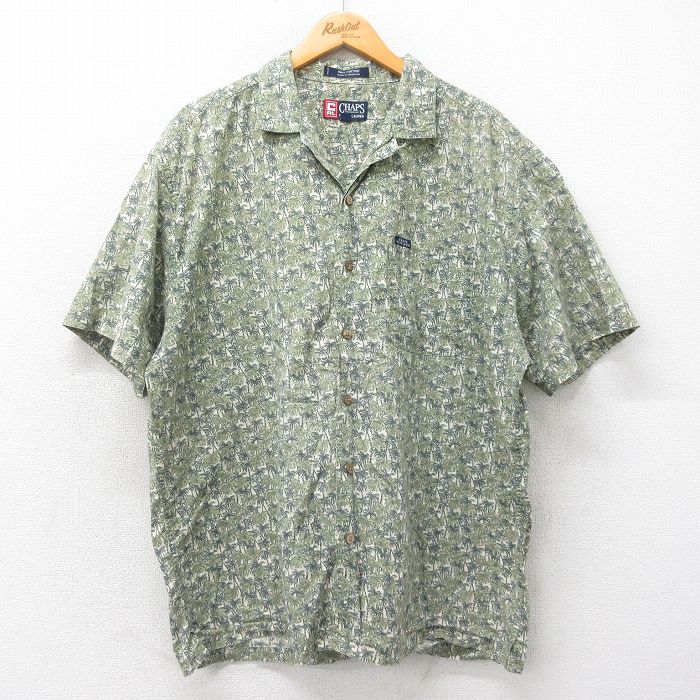 XL★古着 ラルフローレン Ralph Lauren チャップス 半袖 ハワイアン シャツ メンズ 90年代 90s ヤシの木 大きいサイズ コットン 開襟 オープンカラー 緑他 グリーン 【spe】 25may22 中古 アロハ トップス