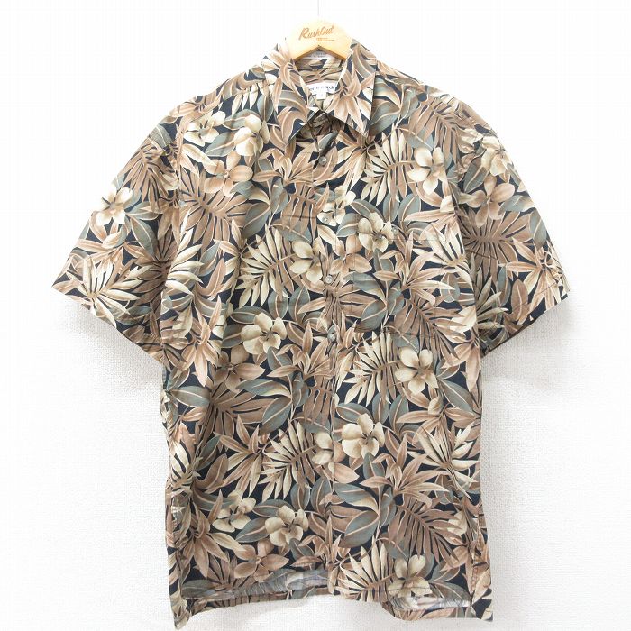 L★古着 ピエールカルダン pierre cardin 半袖 ハワイアン シャツ メンズ 90年代 90s ハイビスカス コットン 茶他 ブラウン 25may22 中古 アロハ トップス