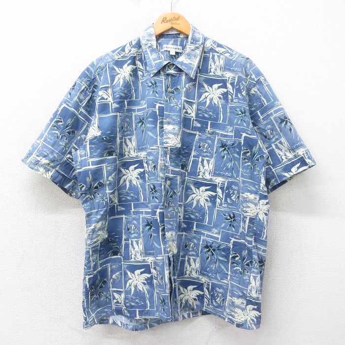 XL★古着 ピエールカルダン pierre cardin 半袖 ハワイアン シャツ メンズ 90年代 90s ヤシの木 貝殻 コットン 薄紺他 ネイビー 25may22 中古 アロハ トップス