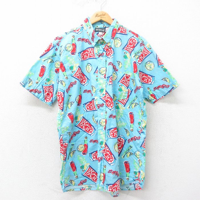 【50%OFF】L★古着 半袖 ハワイアン シャツ メンズ 90年代 90s ジュース コットン ボタンダウン USA製薄紺他 ネイビー 25may22 中古 アロハ トップス