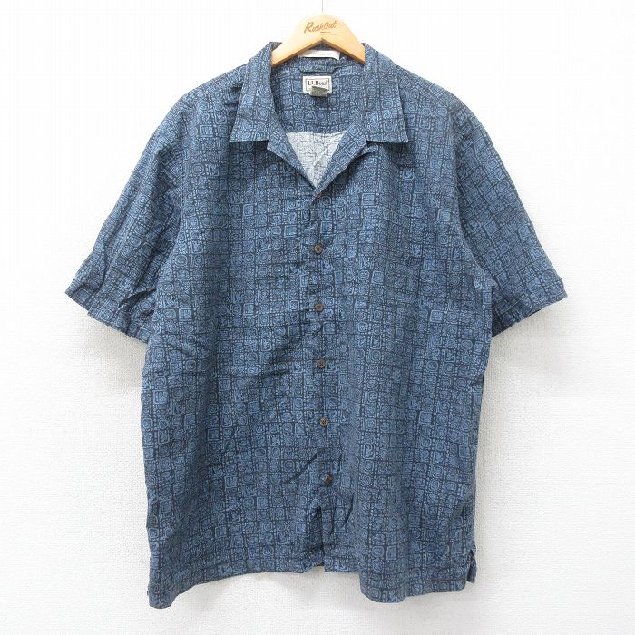 XL★古着 エルエルビーン LLBEAN 半袖 ハワイアン シャツ メンズ 00年代 00s 総柄 大きいサイズ コットン 開襟 オープンカラー 紺他 ネイビー 25may22 中古 アロハ トップス
