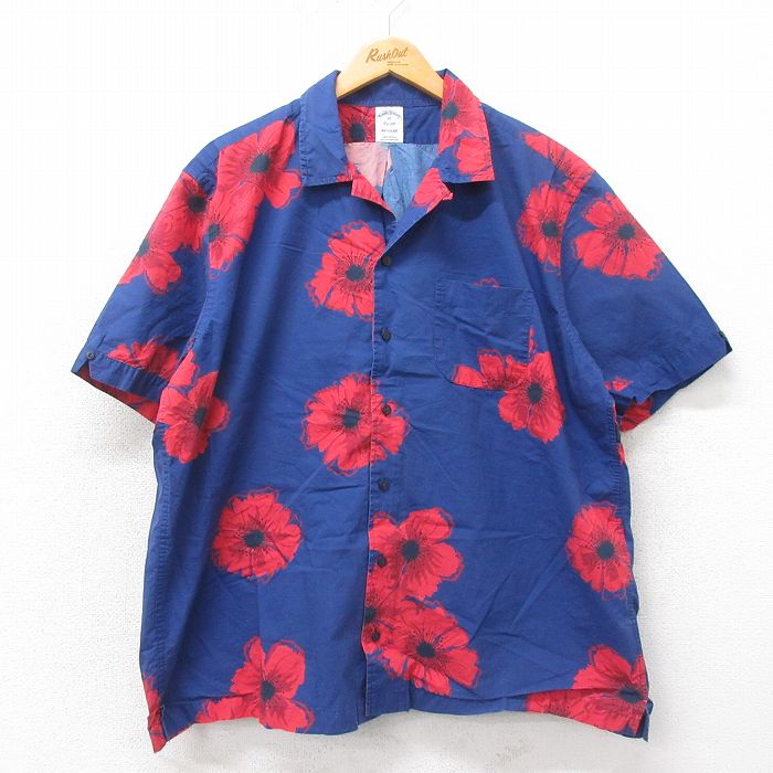 XL★古着 ブルックスブラザーズ BROOKS BROTHERS 半袖 ハワイアン シャツ メンズ 花 大きいサイズ コットン 開襟 オープンカラー 紺他 ネイビー 25may22 中古 アロハ トップス