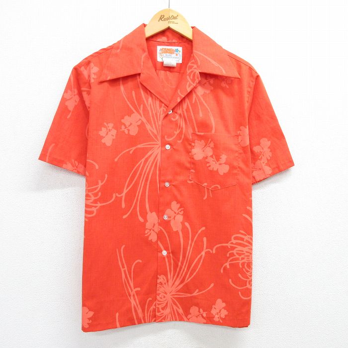 L★古着 半袖 ハワイアン シャツ メンズ 90年代 90s 花 開襟 オープンカラー オレンジ 25may23 中古 アロハ トップス
