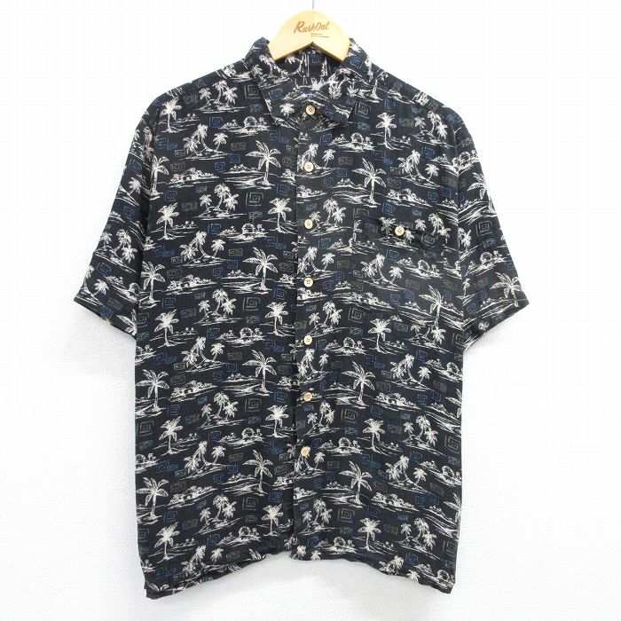 【50%OFF】XL★古着 ピューリタン 半袖 ハワイアン シャツ メンズ 00年代 00s ヤシの木 レーヨン 黒 ブラック 25may23 中古 アロハ トップス